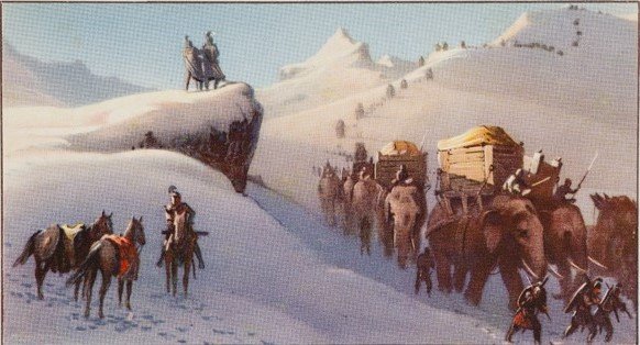 Hannibal and his army crossing the Alps through snow.